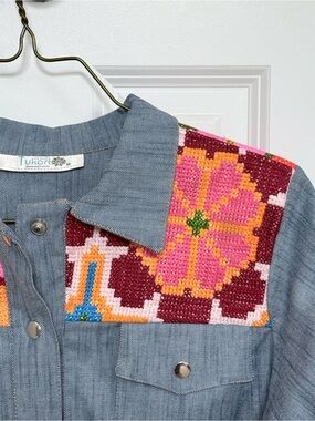 Tukari Embroidered Denim Shirt Jacket with Pink Floral Yoke